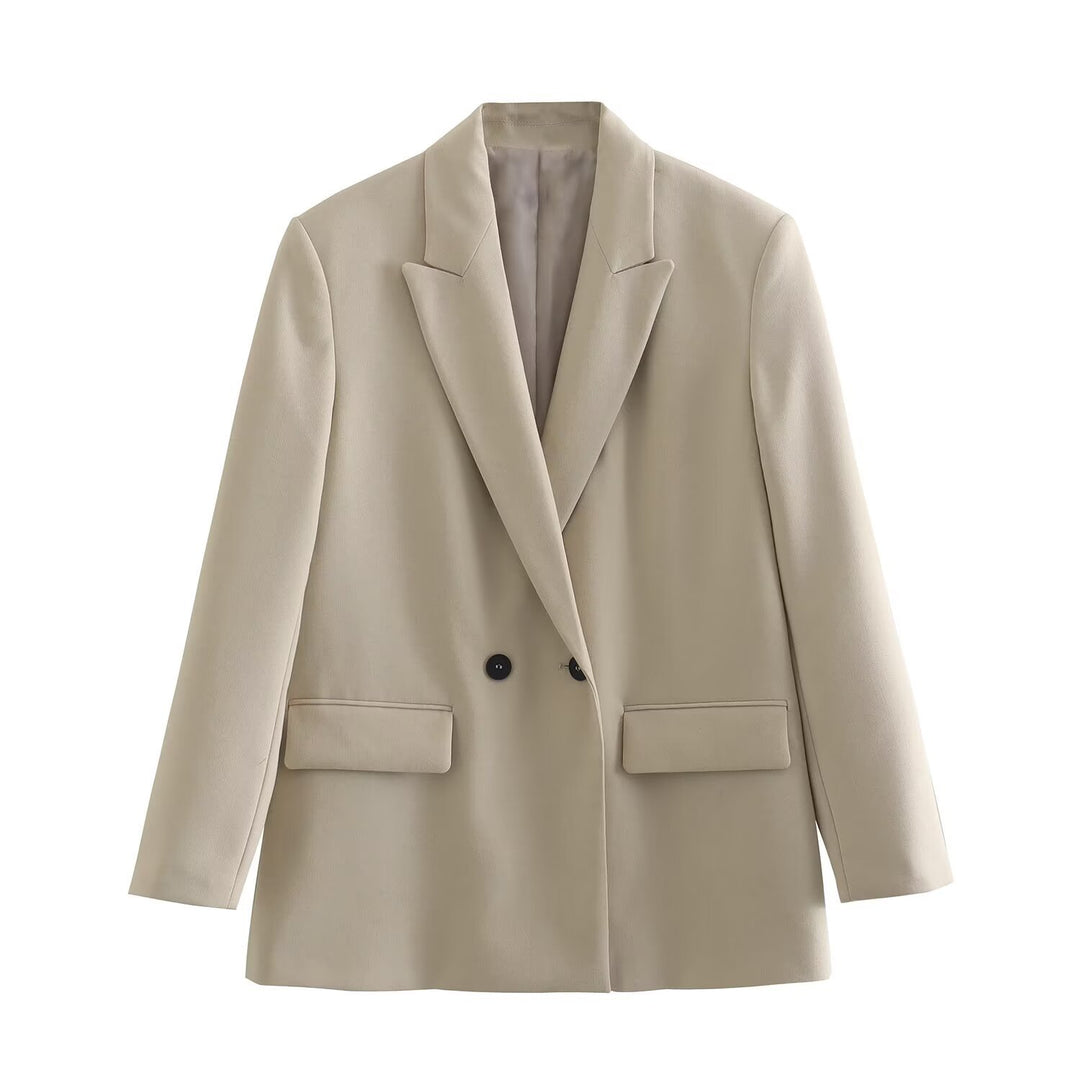 Damen Doppelreihiger Longblazer mit weitem Schalkragen und Pattentaschen Shop Nory