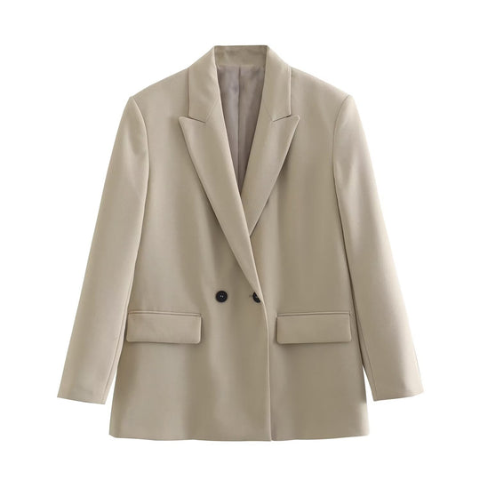 Damen Doppelreihiger Longblazer mit weitem Schalkragen und Pattentaschen Shop Nory