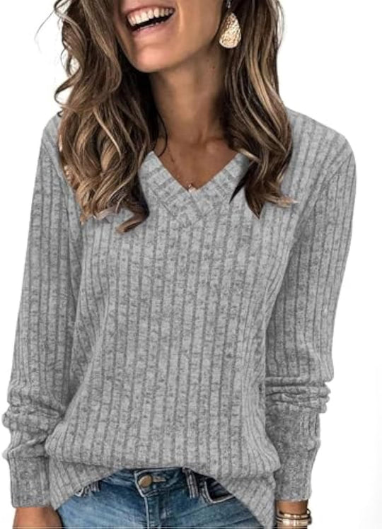 Damen gerippter V‑Ausschnitt Feinstrickpullover mit längerem Arm Shop Nory