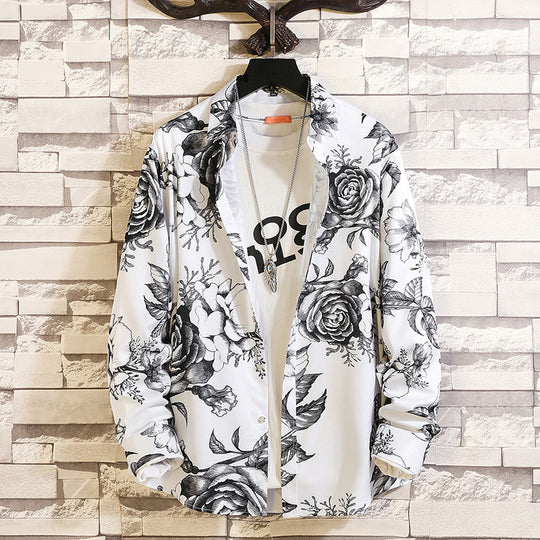 Herren langärmliges Hemd mit offenem Reverskragen, kontrastivem Blumenprint und lässiger Regular-Fit Silhouette Shop Nory
