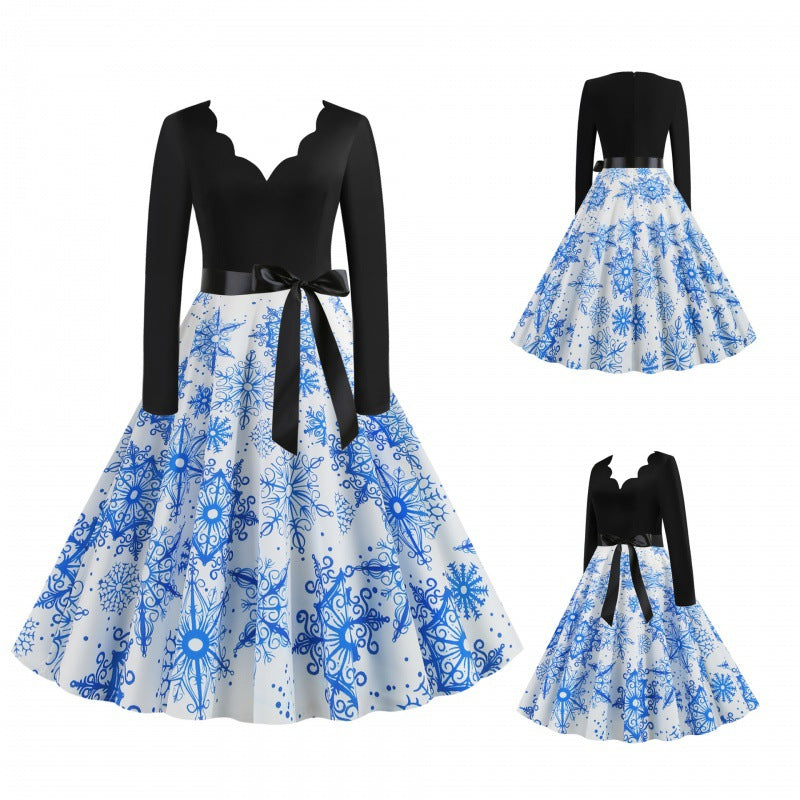 Damen Festliches Tellerrockkleid mit geschwungener Ausschnittkante, langen Ärmeln und Satin-Taillengürtel Shop Nory