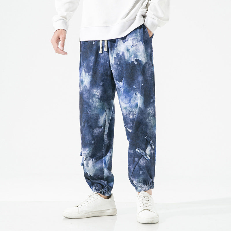 Herren Tie-Dye Baggy Jogginghose mit Tunnelzug, Gummibündchen und dekorativen Riemen Shop Nory