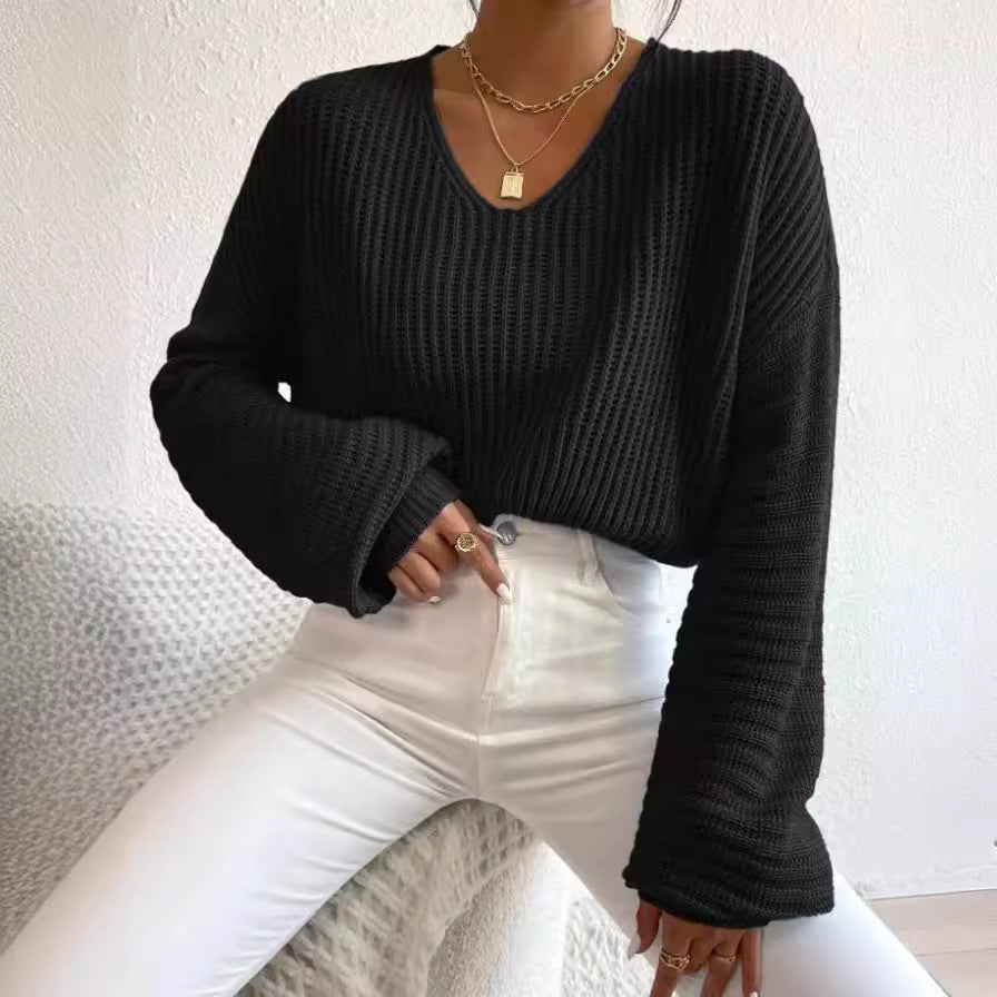Damen V-Pullover mit weiten Ärmeln und strukturiertem Strickmuster