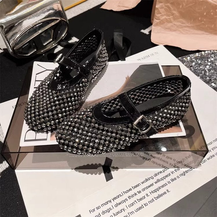 Damen Ballerinas mit elegantem Strassbesatz und verstellbarem Riemchen