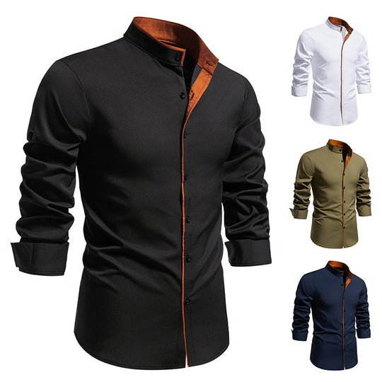 Herren Langarmhemd mit modernem Stehkragen und gesticktem Detail