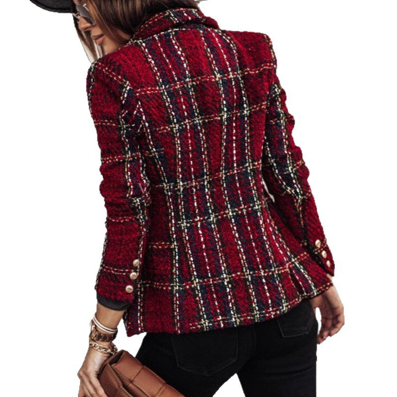 Damen Bouclé-Tweed-Blazer mit Karomuster und doppelreihiger Knopfleiste Shop Nory