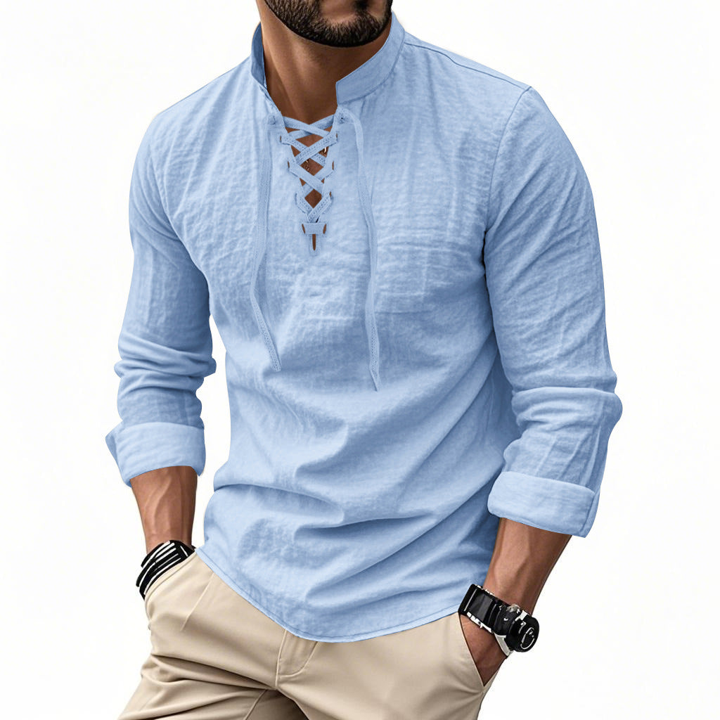 Herren nan Leinenoptik Langarmshirt mit Schnürung V-Ausschnitt und Stehkragen Shop Nory
