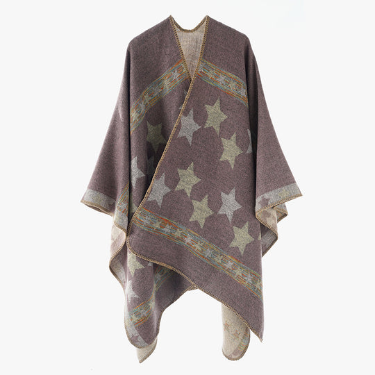 Damen Oversize-Capeponcho aus Wollmix mit zweilagigem Stern‑Jacquard und dekorativer Kettelnaht Shop Nory