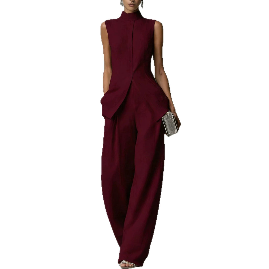 Damen Ärmelloser Leinen-Jumpsuit mit Stehkragen und weitem Bein Shop Nory