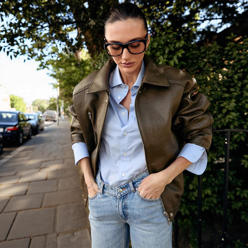 Damen Oversize-Lederimitat-Fliegerjacke mit Teddy-Innenseite, sichtbaren Nahtdetails & elastischem Saum Shop Nory