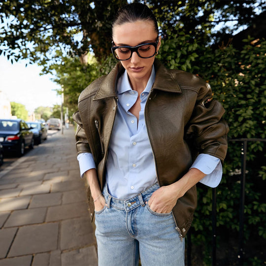 Damen Oversize-Lederimitat-Fliegerjacke mit Teddy-Innenseite, sichtbaren Nahtdetails & elastischem Saum Shop Nory