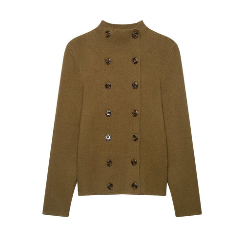 Damen Doppelreihige Cropped Strickjacke mit Stehkragen Shop Nory