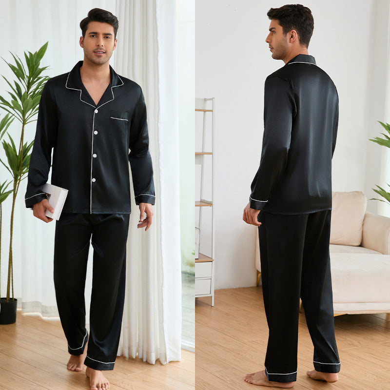 Herren Satin Schlafanzug-Set mit klassischem Kragen und eleganten Kontrastnähten