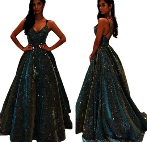 Damen Spaghettiträger V-Ausschnitt A-Linie Glitzer Maxi Ballkleid