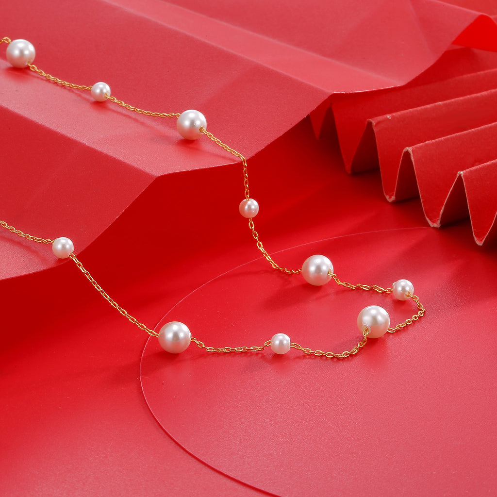Damen elegante Perlen-Halskette mit feiner Gliederkette Shop Nory