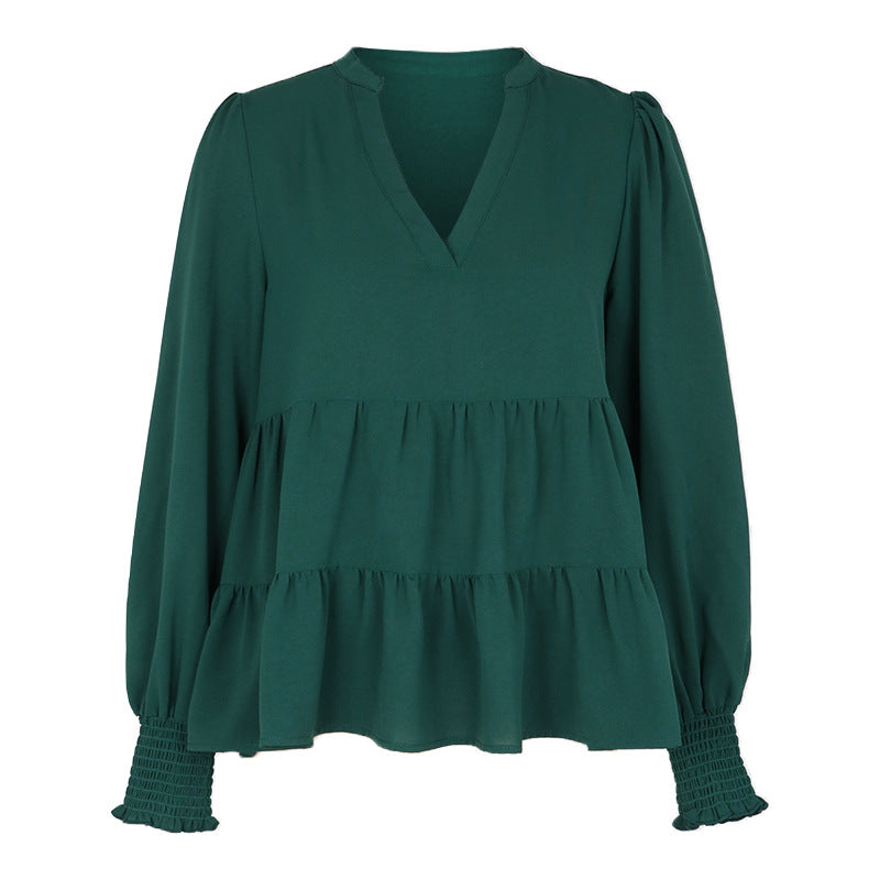 Damen Zweistufige Volant-Bluse mit V-Ausschnitt und gerafften Ärmelbündchen Shop Nory