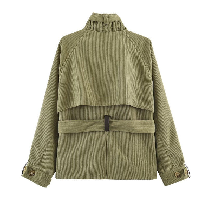 Damen Kurze Cord-Trenchjacke mit Taillengürtel, Cape-Detail und Stehkragen Shop Nory