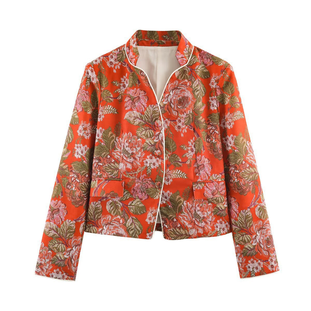 Damen Kurzblazer im Brokat-Jacquard mit Stehkragen und Paspelierung Shop Nory