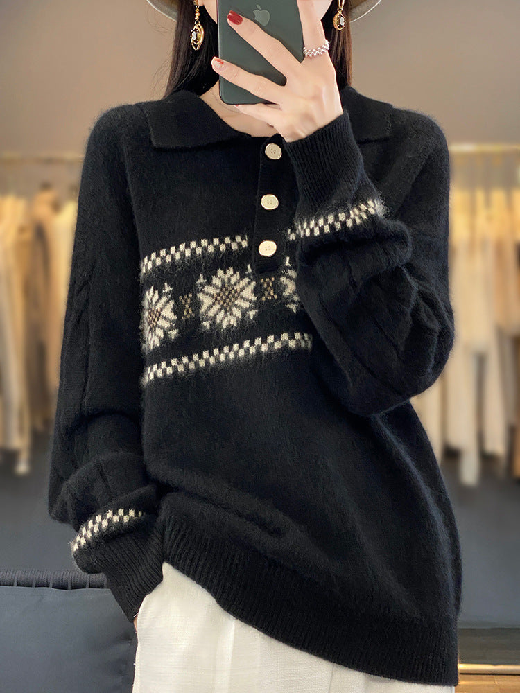 Damen Oversize-Polokragen-Strickpullover mit Norweger‑Motiv und Raglanärmeln Shop Nory