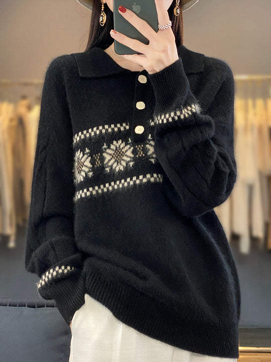 Damen Oversize-Polokragen-Strickpullover mit Norweger‑Motiv und Raglanärmeln Shop Nory