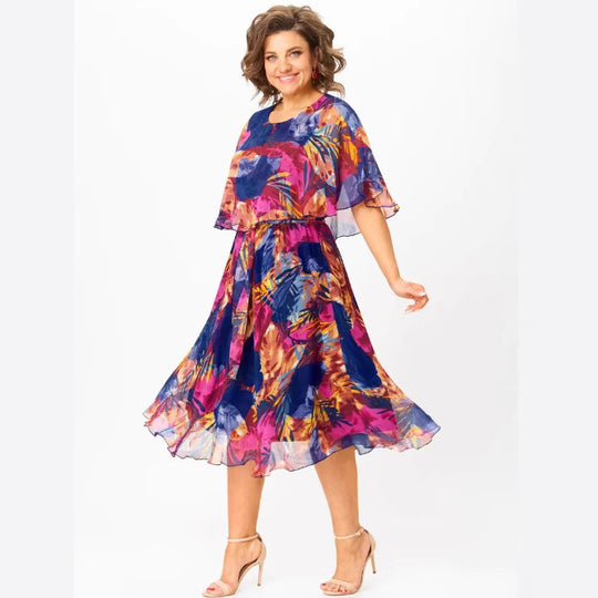 Damen Chiffon Midi Kleid mit capa Ärmeln und elastischem Taillenbund Shop Nory