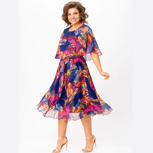 Damen Chiffon Midi Kleid mit capa Ärmeln und elastischem Taillenbund Shop Nory