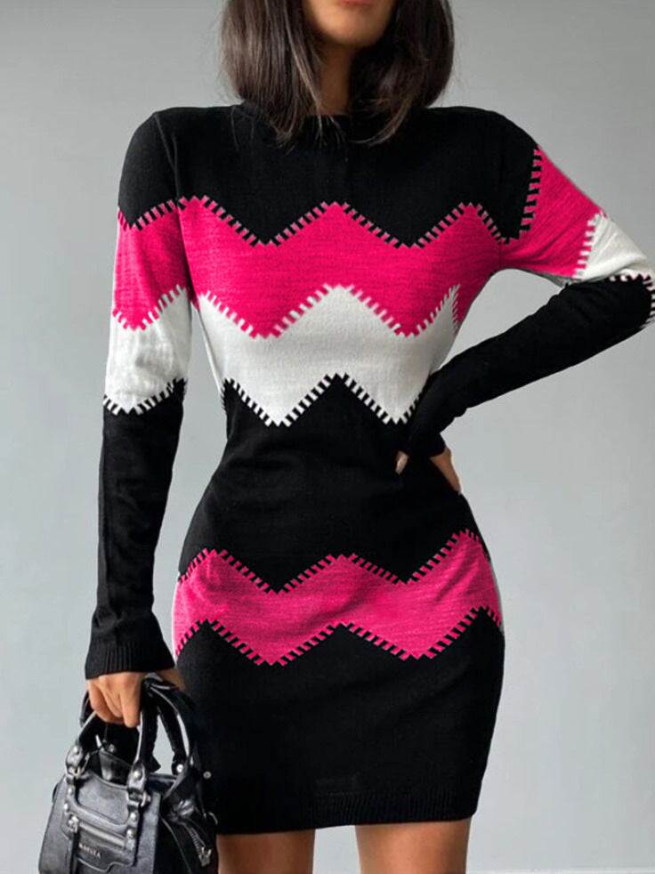 Frauen Figurbetonendes Feinstrick Mini Kleid mit Zickzackstruktur und Rundhalsausschnitt Shop Nory