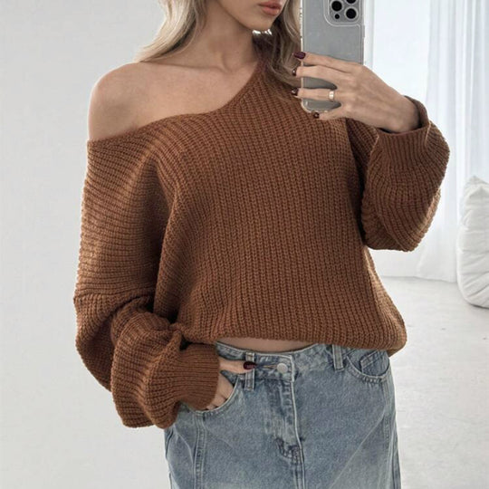 Damen Cropped Oversize Strickpullover mit asymmetrischem Off-Shoulder und voluminösen Ärmeln Shop Nory