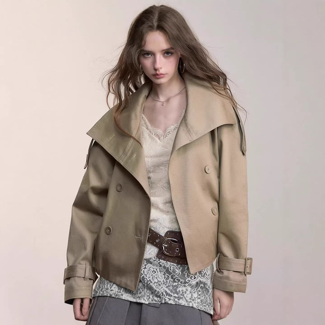 Damen Oversized Doppelreihige Trench-Bomberjacke mit hohem Stehkragen Shop Nory