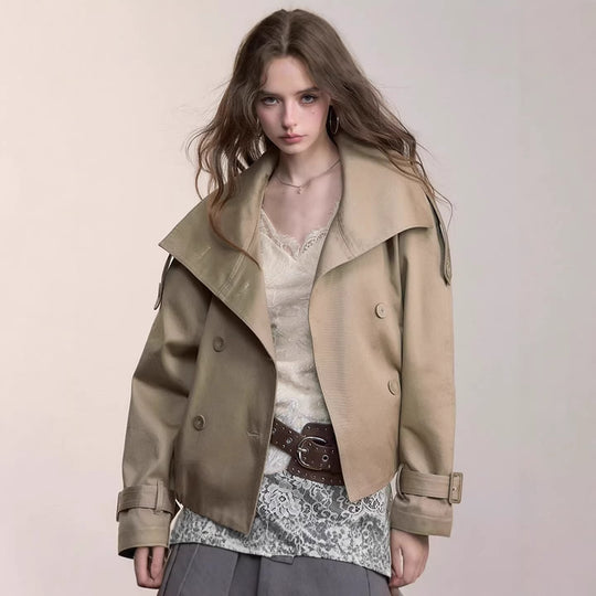 Damen Oversized Doppelreihige Trench-Bomberjacke mit hohem Stehkragen Shop Nory
