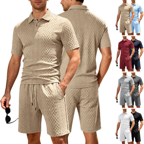 Herren nan geprägtes Strand-Ensemble mit offenem Kurzarm-Hemd und Kordel-Bermuda