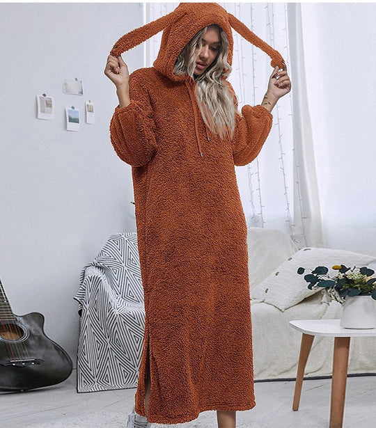 Damen Flauschiger Fleece-Hoodie-Kleid mit Ohren und seitlichen Schlitzen Shopnory