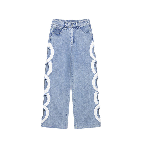 Damen Weite High Waist Jeans mit seitlichen Rundcutouts und Zierborte Shop Nory