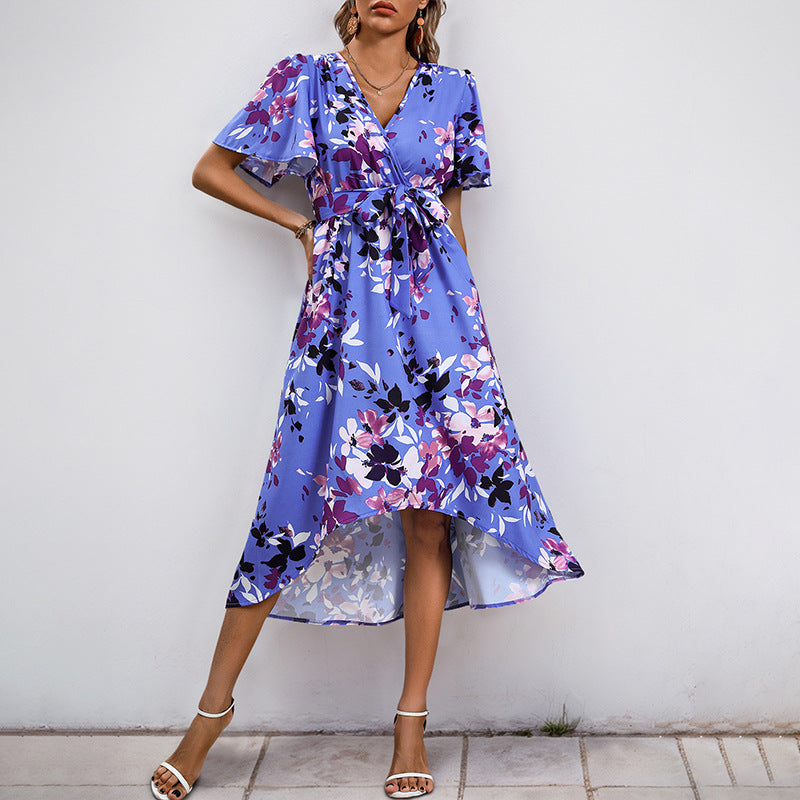 Damen Leichtes Chiffon-Midikleid Wickeloptik mit V-Ausschnitt, Taillenband und asymmetrischem Zipfelrock Shop Nory