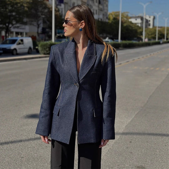 Damen taillierter Jeansblazer mit geschwungenem Revers Shop Nory