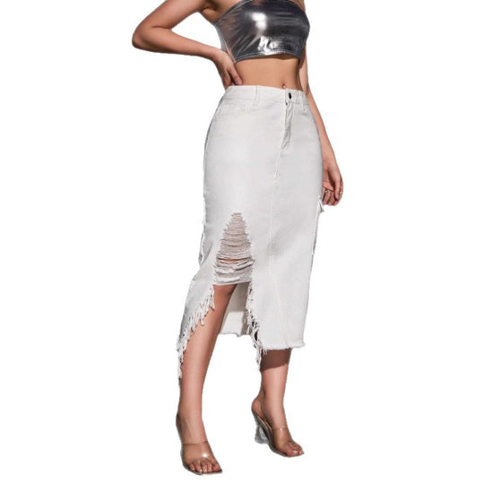 Damen Midirock aus Denim mit seitlicher Cargotasche, hoher Taille und Destroyed‑Schlitz Shop Nory