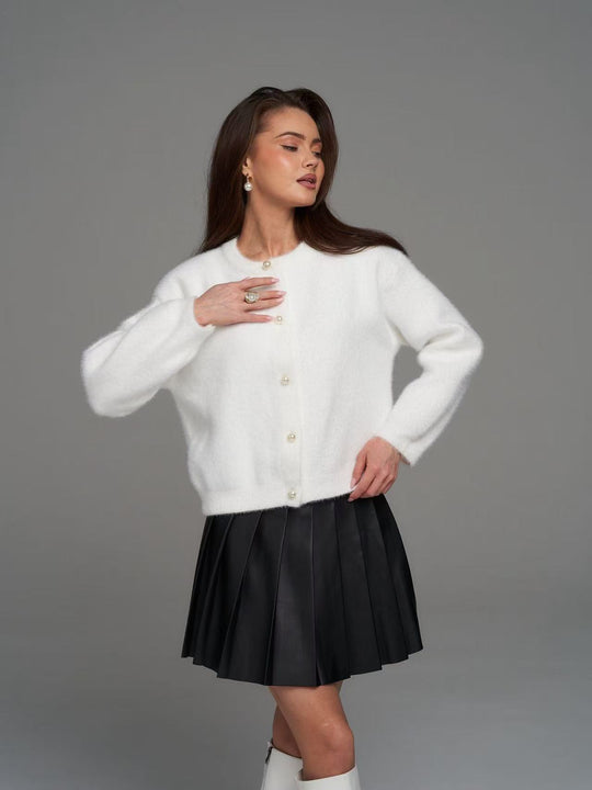 Damen Elegante Flauschige Strickjacke mit Perlenknöpfen Shop Nory