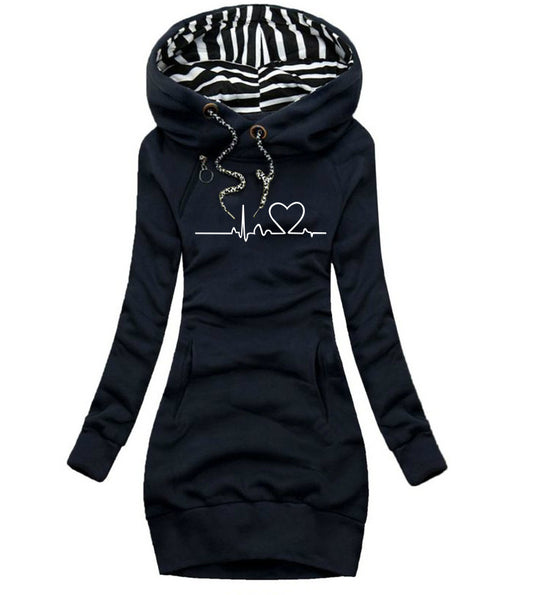Damen Kapuzen-Sweatkleid mit gestreiftem Kapuzenfutter, Kängurutasche und Herz-EKG-Druck Shop Nory