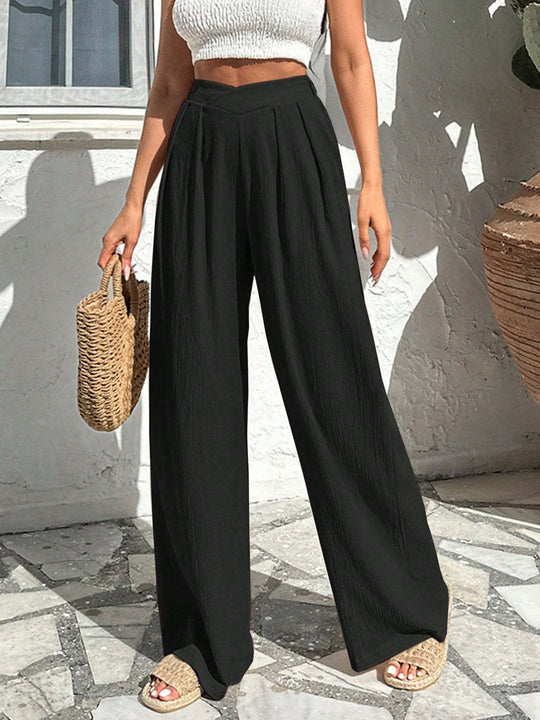 Damen High-Waist Leinenhose mit weitem Bein und Bundfalten Shop Nory