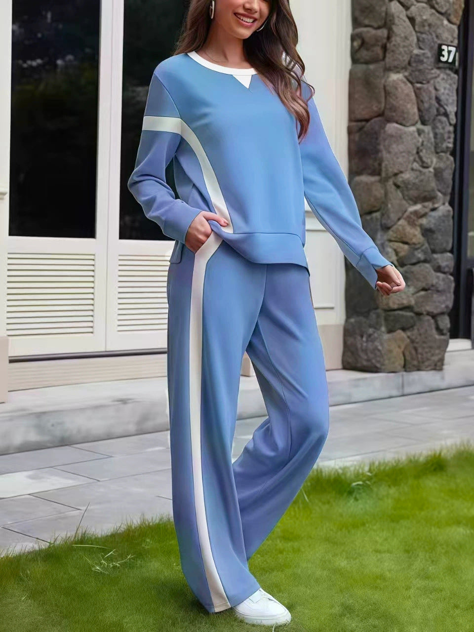 Damen Lounge-Set aus weichem Jersey mit weitem Bein und Kontraststreifen Shop Nory