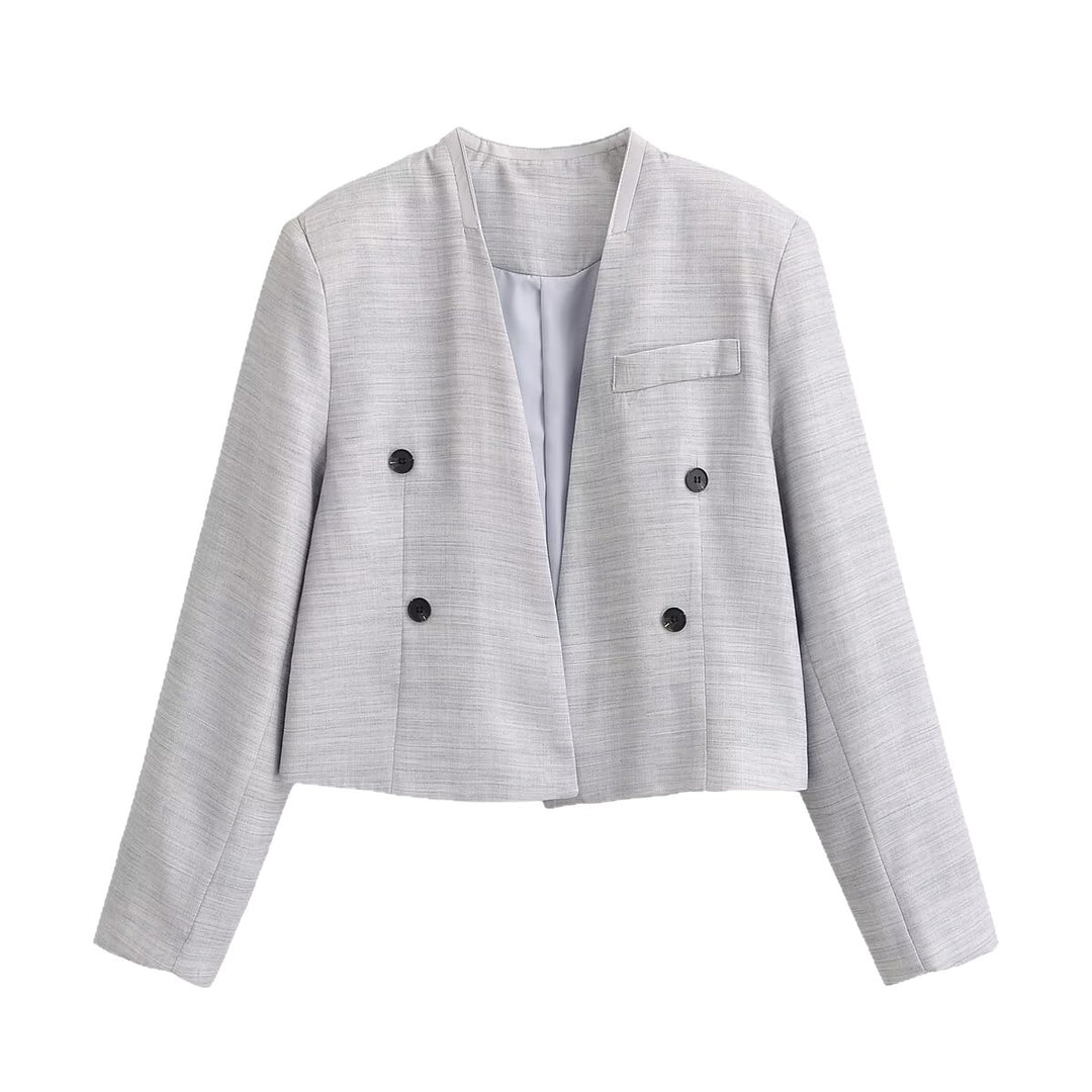 Damen Kurzgeschnittener kragenloser Blazer mit doppelreihiger Knopfleiste und Strukturgewebe Shop Nory