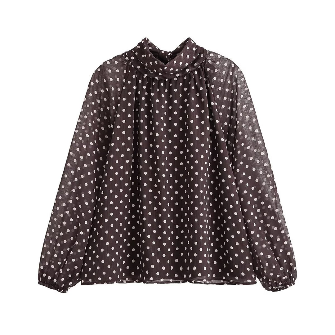 Damen Leichte Chiffonbluse mit Stehkragen, Volumenärmeln und Polka-Dot-Print Shop Nory