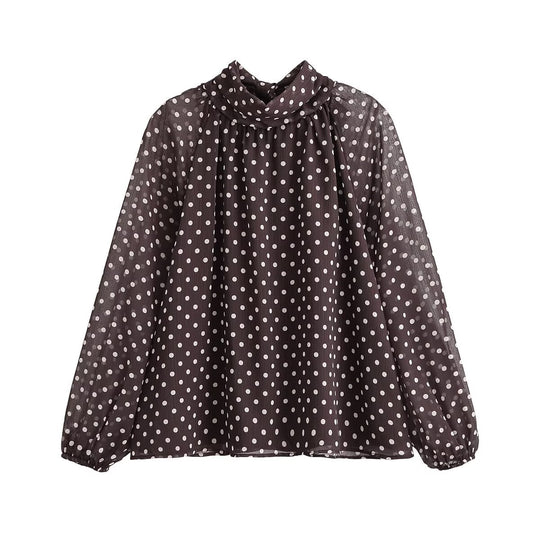 Damen Leichte Chiffonbluse mit Stehkragen, Volumenärmeln und Polka-Dot-Print Shop Nory