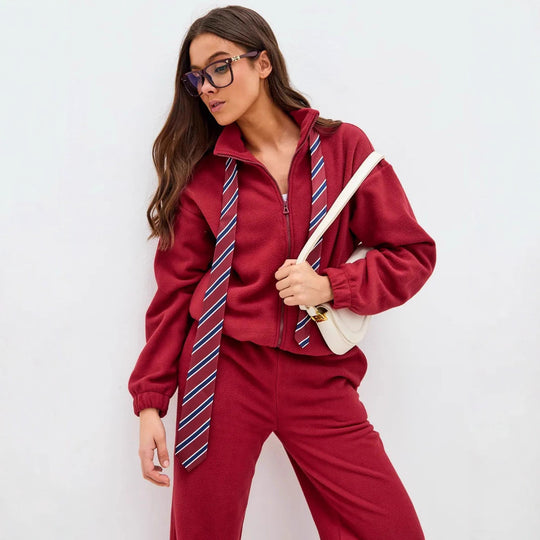 Damen Komfortables Fleece-Loungewear-Set mit kurzem Zip-Top und weiter High-Waist-Hose Shop Nory