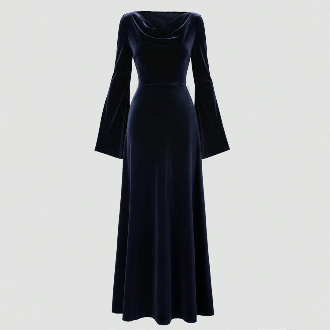 Damen Samt-Abendkleid mit Wasserfall-Ausschnitt, taillierter Silhouette und ausgestellten Trompetenärmeln Shop Nory