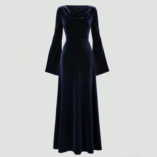 Damen Samt-Abendkleid mit Wasserfall-Ausschnitt, taillierter Silhouette und ausgestellten Trompetenärmeln Shop Nory