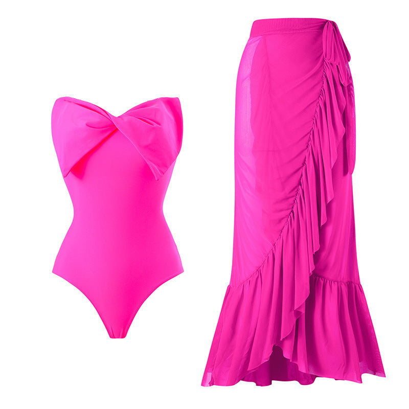 Damen Einteiler Badeanzug mit stylischem Wickelrock und glamourösem Schleifendetail Shopnory