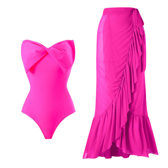 Damen Einteiler Badeanzug mit stylischem Wickelrock und glamourösem Schleifendetail Shopnory
