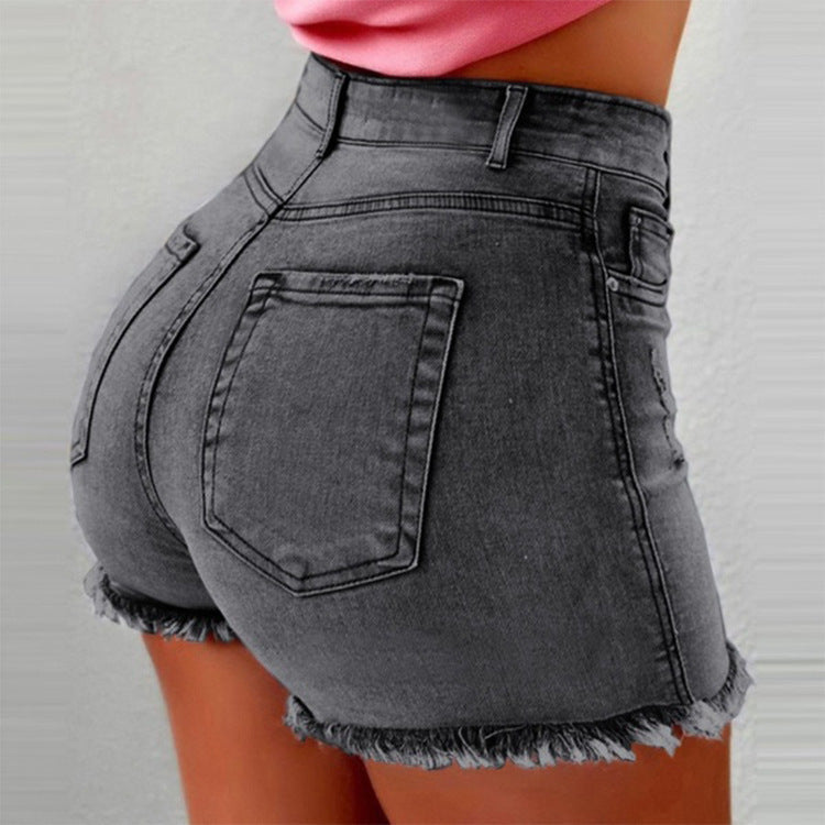 Damen High-Waist Denim-Shorts mit fransigem Saum