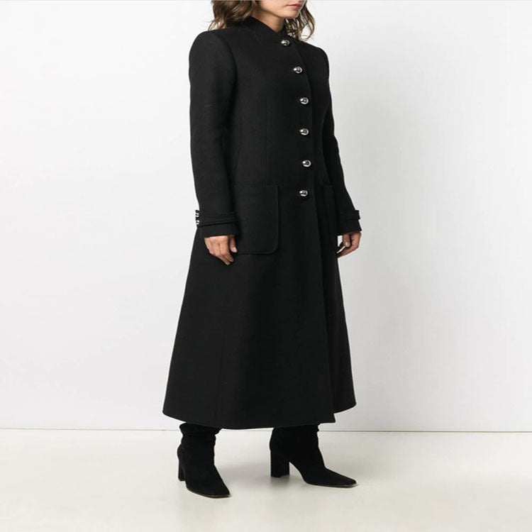 Damen Bodenlanger Taillierter Wollmix-Mantel mit Stehkragen und Zierknopfleiste Shop Nory